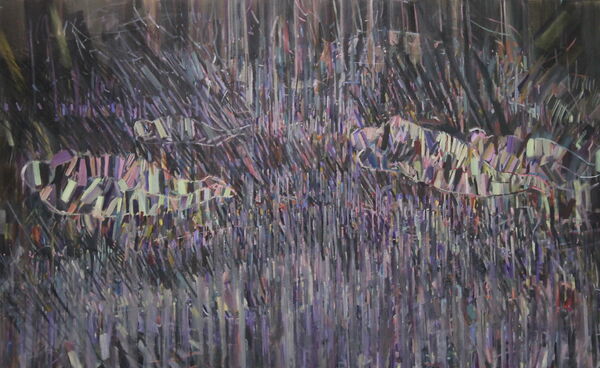 Thomas Nolden: Verpuppung, 160 × 260 cm – Gemälde in Violett- und Grautönen