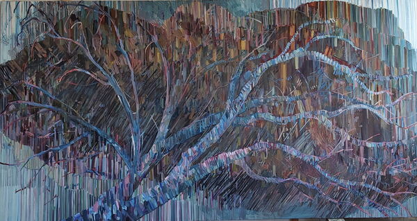 Thomas Nolden: Birke – Wolke, Birke vor bewegtem Himmel in Blau und Rosé