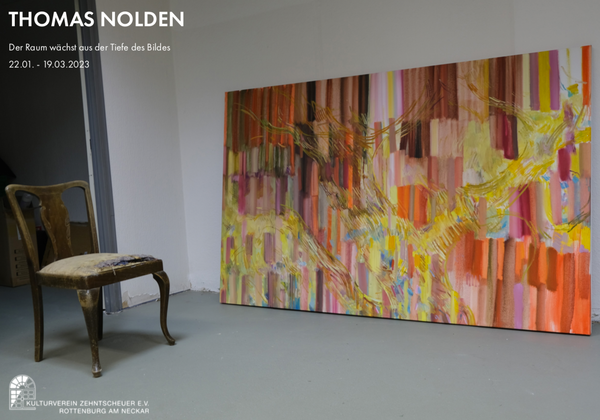 Plakat „Der Raum wächst aus der Tiefe des Bildes“: großes Gemälde von Thomas Nolden mit Stuhl